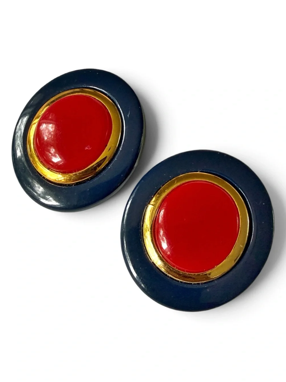 Vintage Cato Button‑Style Oval Clip‑On Earrings – Navy, Gold & Red